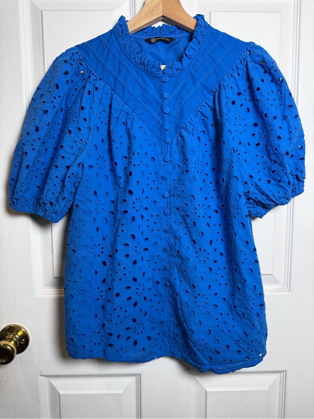 PrettyGarden Cobalt Blue Eyelet Embroidered Top Size Small Cotton Puff Sleeve
